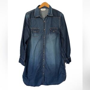 Vtg New Direction Pearl Snap Denim Jean Midi Shirt Dress Long Sleeve Size Medium